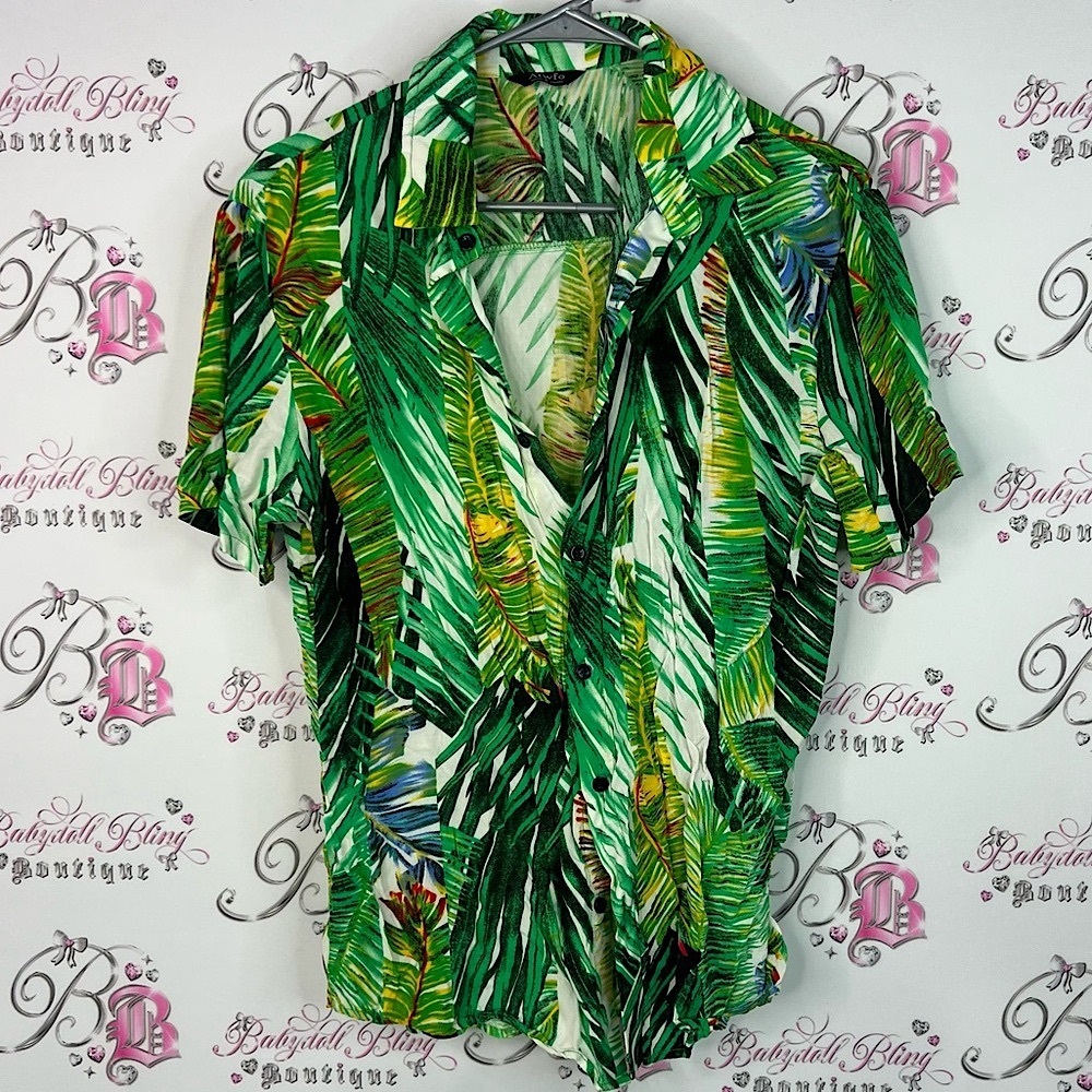 Atwfo button up leafs tropical Vibrant Green Leaf Print Casual Shirt